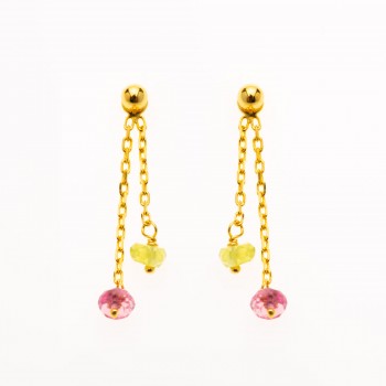 Bijou femme boucles d'oreilles 2 pendants tourmaline rose et péridot vert en Or jaune ou Or blanc.