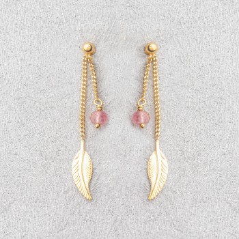 Boucle d'oreille femme plume et tourmaline rose.