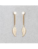 Boucle d'oreille femme plume pendante 18 carats.