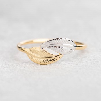 Bague femme petite double plume en or bicolore 9 carats.