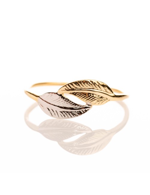 Bague femme petite double plume en or bicolore 9 carats.